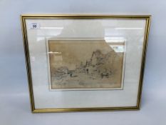 A FRAMED AND MOUNTED PENCIL SKETCH OF VILLAGE SCENE ATTRIBUTED TO COTMAN SOME DAMAGE 18.5CM.