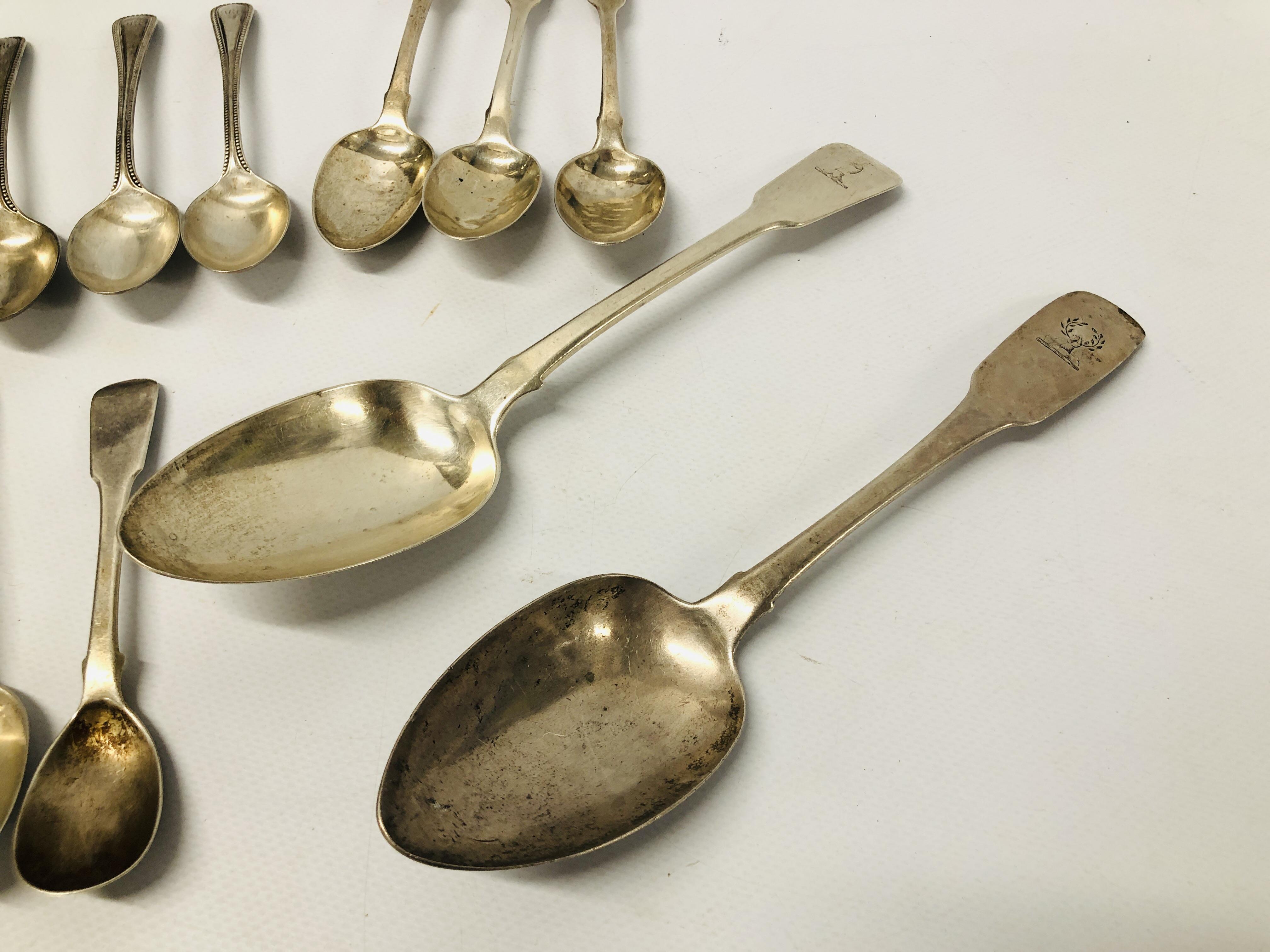 3 LARGE GEORGIAN SILVER FIDDLE PATTERN TEASPOONS, LONDON, ALONG WITH A JAM SPOON, EDINBURGH ASSAY, - Image 5 of 14