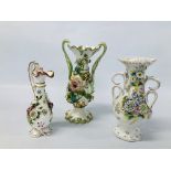 TWO C19TH STAFFORDSHIRE FLOWER ENCRUSTED TWO HANDLED VASES (ONE WITH RESTORED TOP THE OTHER WITH