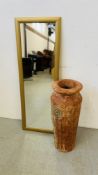 LARGE TERRACOTTA VASE H 62CM ALONG WITH A MODERN FULL LENGTH MIRROR H 107CM, W 37CM.