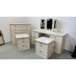A MODERN CREAM FINISH SIX PIECE BEDROOM SUITE COMPRISING SIX DRAWER DRESSING TABLE,