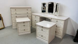 A MODERN CREAM FINISH SIX PIECE BEDROOM SUITE COMPRISING SIX DRAWER DRESSING TABLE,