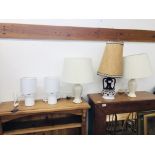 WEST GERMAN POTTERY TABLE LAMP AND SHADE ALONG WITH FOUR MODERN WHITE FINISH LAMPS AND SHADES -