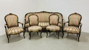 A LOUIS XV STYLE FIVE PIECE SUITE COMPRISING SOFA, PAIR OF ARMCHAIRS AND TWO SIDE CHAIRS,