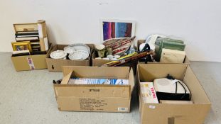 5 BOXES OF HOUSEHOLD SUNDRIES TO INCLUDE JIMENALL DINNER WARE, PRINTS, TEFAL IRON,