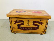 A WAXED PINE REPRODUCTION SEAMANS KIT BOX COMPLETE WITH BECKETT HANDLES AND UNION JACK FLAGS