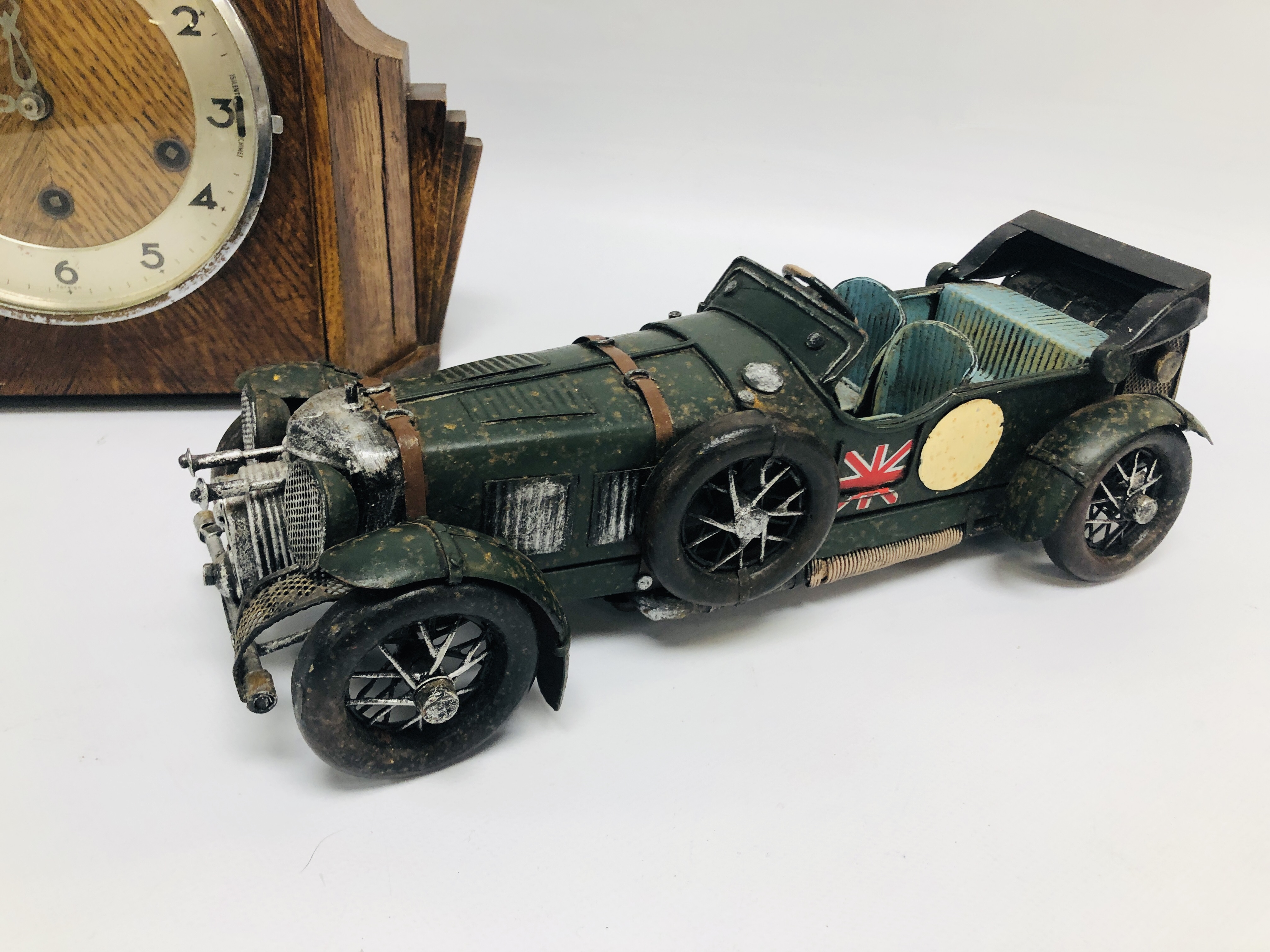 ART DECO OAK CASED MANTEL CLOCK AND DECORATIVE METAL CAR. - Image 3 of 8