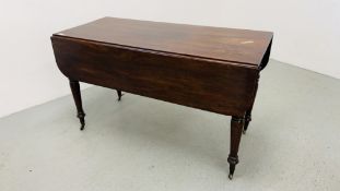 VICTORIAN MAHOGANY DROP-FLAP TEA TABLE WITH DRAWER TO END LENGTH 124CM. WIDTH 58CM (EXTENDED 109CM.