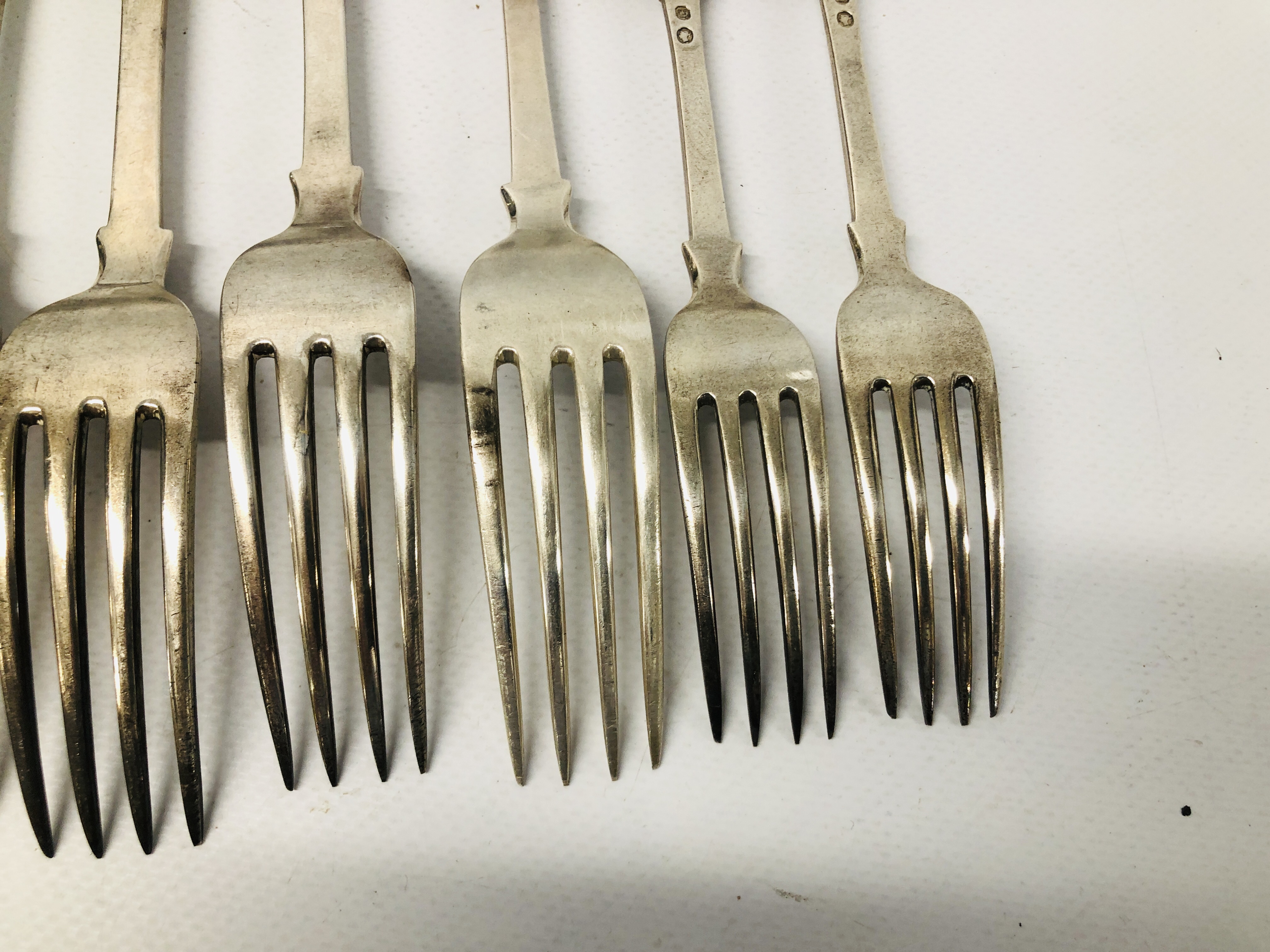 EIGHT ANTIQUE SILVER FORKS (6 LARGER, 2 SMALLER) LONDON ASSAY MARKED G.A. - Image 11 of 13