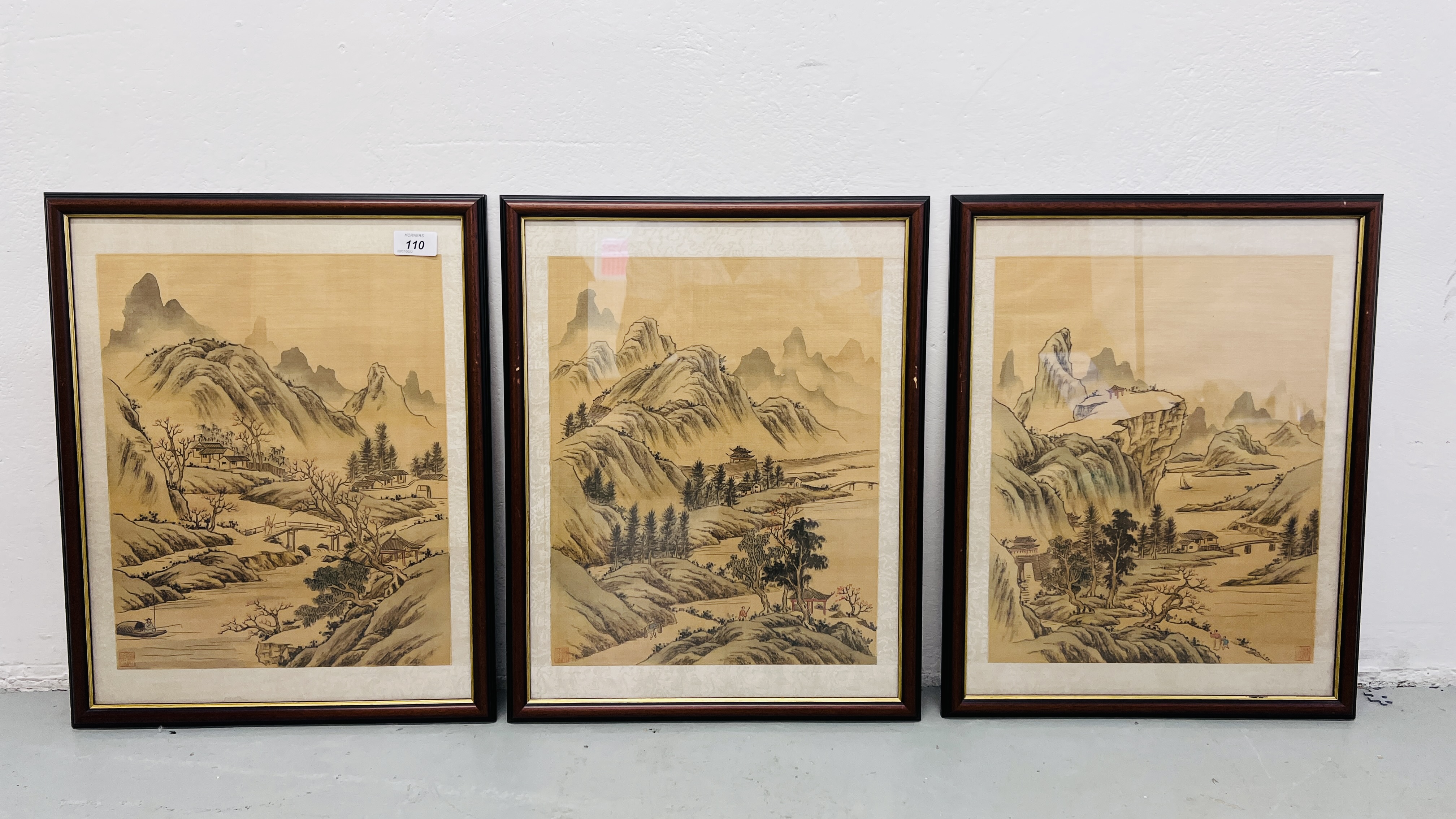 A SET OF THREE FRAMED AND MOUNTED CHINESE PAINTINGS ON SILK.