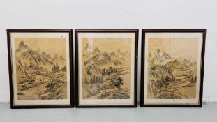 A SET OF THREE FRAMED AND MOUNTED CHINESE PAINTINGS ON SILK.