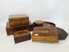 COLLECTION OF VINTAGE BOXES TO INCLUDE A MAHOGANY WRITING BOX, HARDWOOD CARVED TRAY, INLAID BOXES,