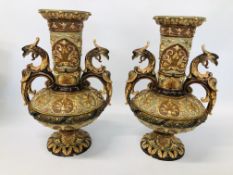 PAIR OF ANTIQUE MAJOLICA VASES WITH GRYPHON HANDLES BEARING MAKERS INITIALS WS & S (2291) WILHELM