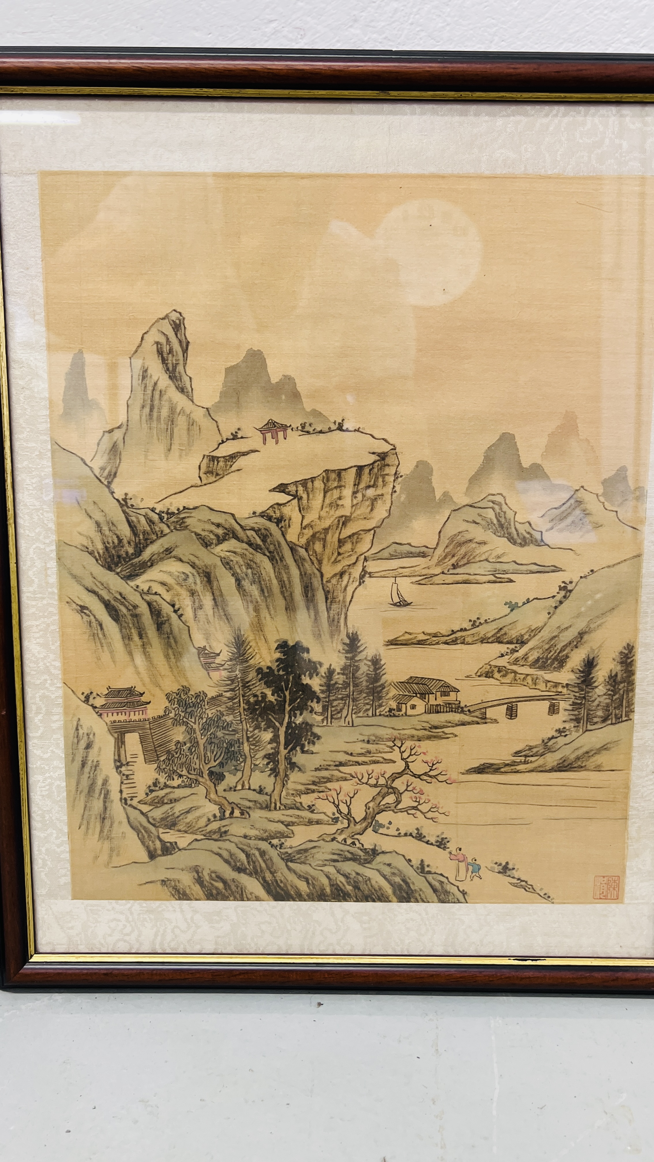 A SET OF THREE FRAMED AND MOUNTED CHINESE PAINTINGS ON SILK. - Image 2 of 8
