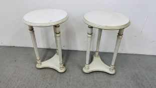 A PAIR OF WHITE PAINTED CIRCULAR TOP SIDE TABLES