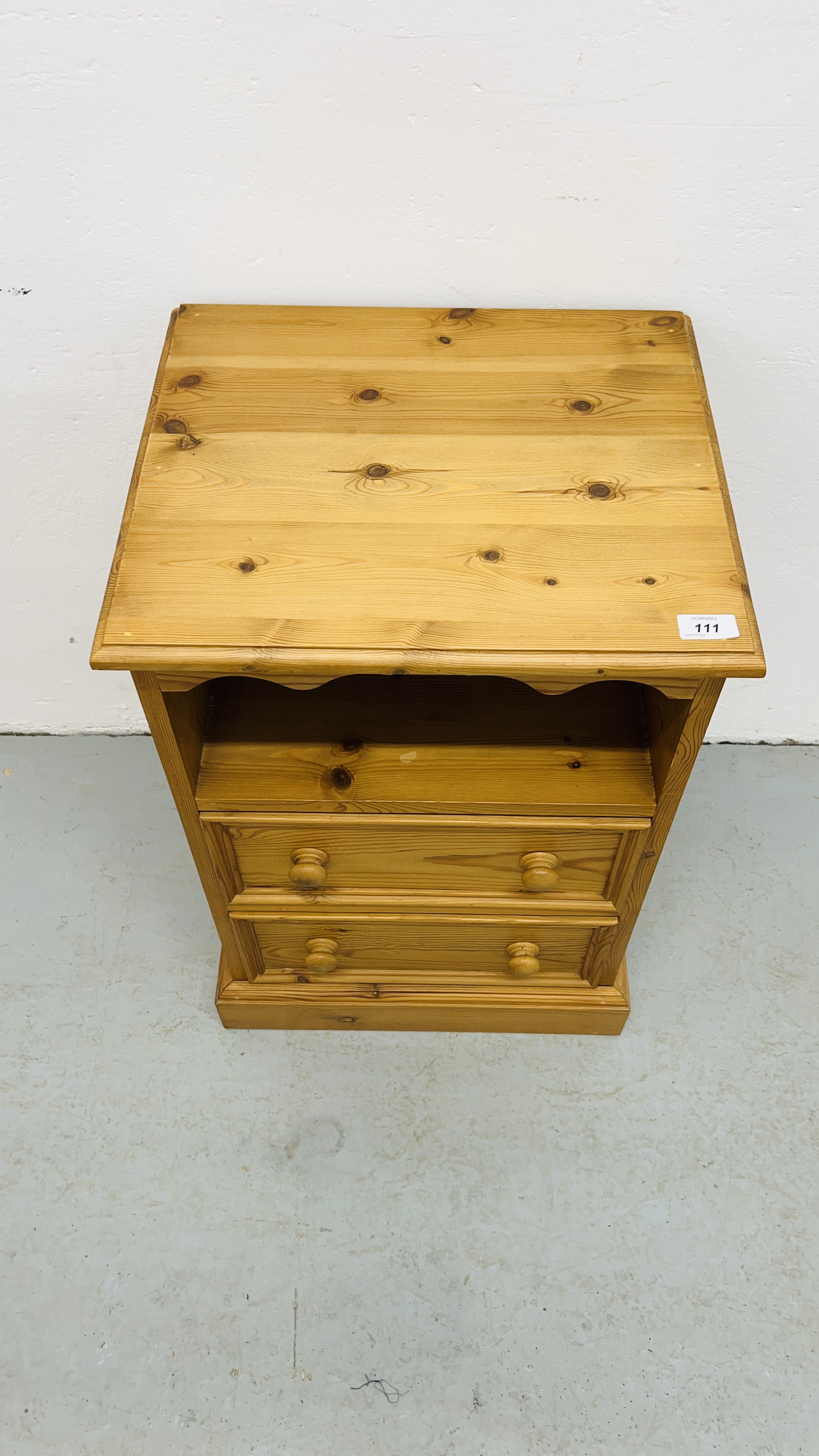 A WAXED PINE TWO DRAWER BEDSIDE CABINET WIDTH 45CM. DEPTH 38CM. HEIGHT 67CM. - Image 3 of 6