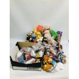 A BOX OF VINTAGE SOFT TOYS TO INCLUDE THE SIMPSONS, MC SNOWMAN, TROLL, ETC.