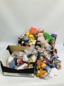 A BOX OF VINTAGE SOFT TOYS TO INCLUDE THE SIMPSONS, MC SNOWMAN, TROLL, ETC.