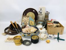 BOX OF MIXED COLLECTIBLES TO INCLUDE SHELLS, MINERS LAMP, SCHWEPPES SODA WATER BOTTLE,