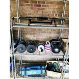 COLLECTION OF HOME GYM EQUIPMENT TO INCLUDE MAD X WEIGHT BAG, PERFECT AB CARVER, VARIOUS WEIGHTS,