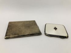 A SILVER AND WHITE ENAMEL COMPACT, BIRMINGHAM ASSAY, ALONG WITH A SILVER CIGARETTE CASE,