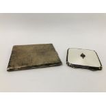 A SILVER AND WHITE ENAMEL COMPACT, BIRMINGHAM ASSAY, ALONG WITH A SILVER CIGARETTE CASE,