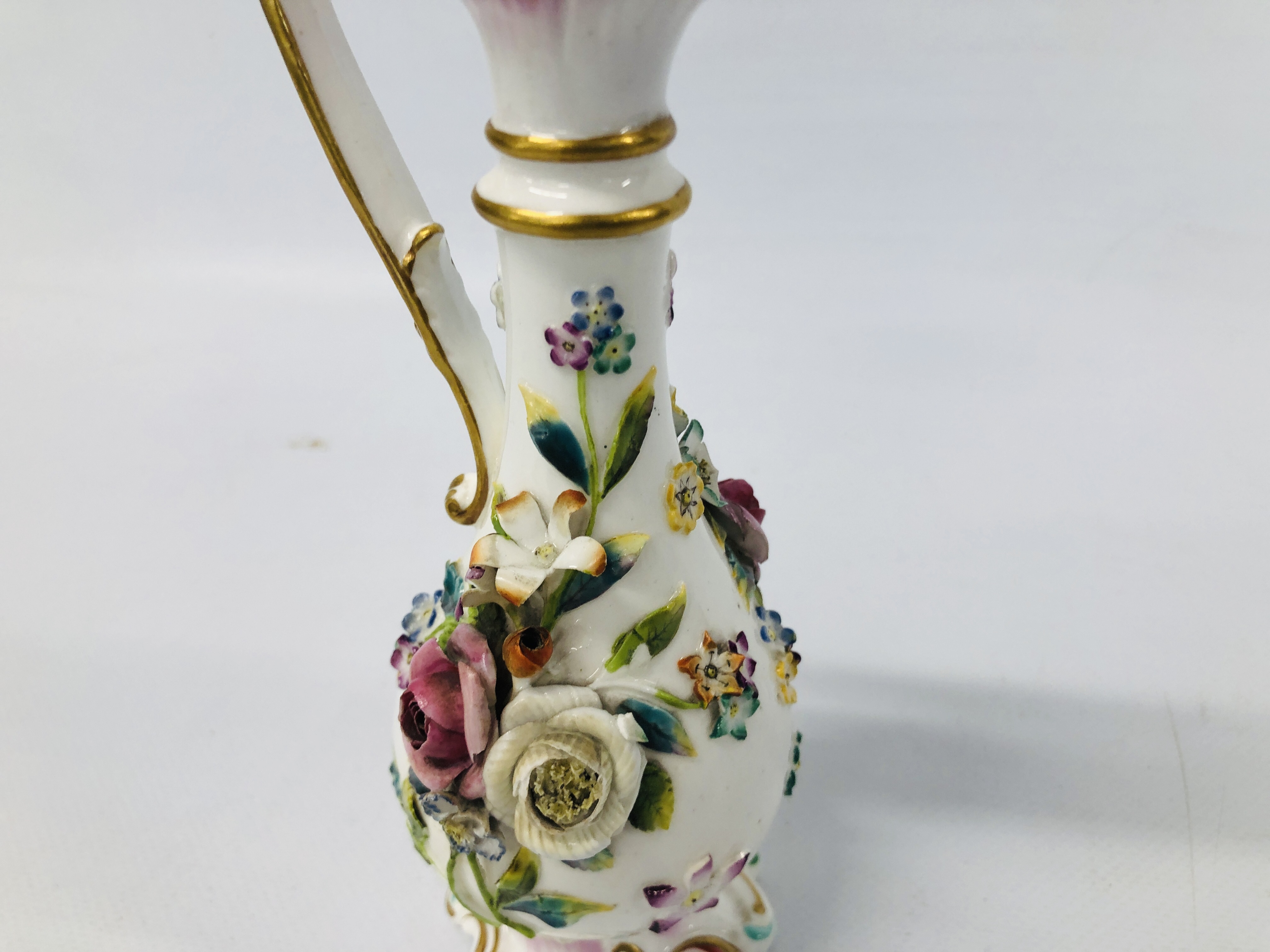 TWO C19TH STAFFORDSHIRE FLOWER ENCRUSTED TWO HANDLED VASES (ONE WITH RESTORED TOP THE OTHER WITH - Image 21 of 26