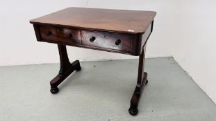 A VICTORIAN MAHOGANY TWO DRAWER WRITING TABLE WIDTH 92CM. DEPTH 62CM. HEIGHT 75CM.
