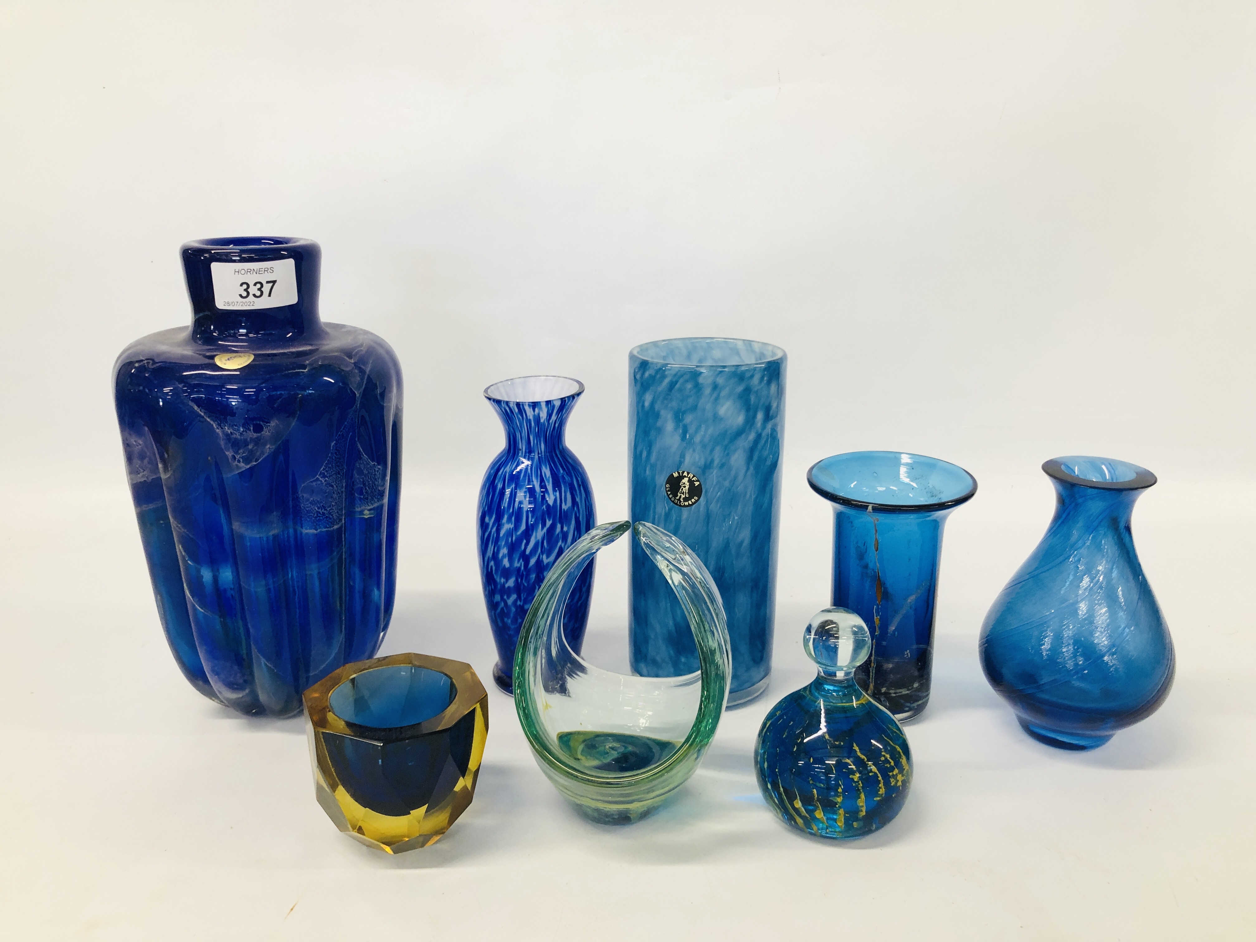 TWO 'MTARFA' ART GLASS VASES ALONG WITH THREE OTHERS UNMARKED,