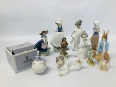 COLLECTION OF CABINET ORNAMENTS TO INCLUDE NAO/LLADRO FIGURES, BESWICK HUNCA MUNCA SWEEPING,