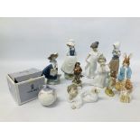 COLLECTION OF CABINET ORNAMENTS TO INCLUDE NAO/LLADRO FIGURES, BESWICK HUNCA MUNCA SWEEPING,
