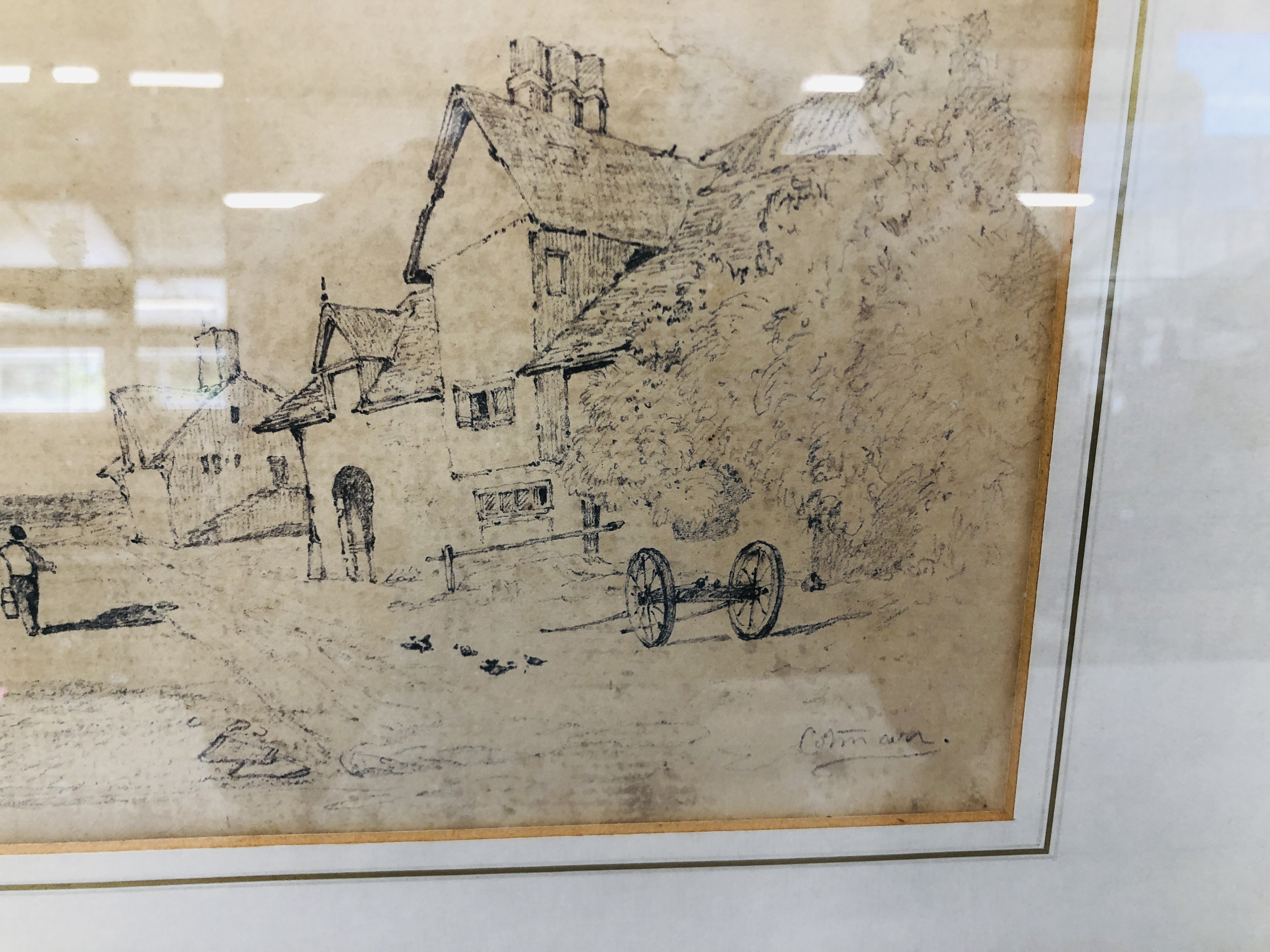 A FRAMED AND MOUNTED PENCIL SKETCH OF VILLAGE SCENE ATTRIBUTED TO COTMAN SOME DAMAGE 18.5CM. - Image 7 of 10