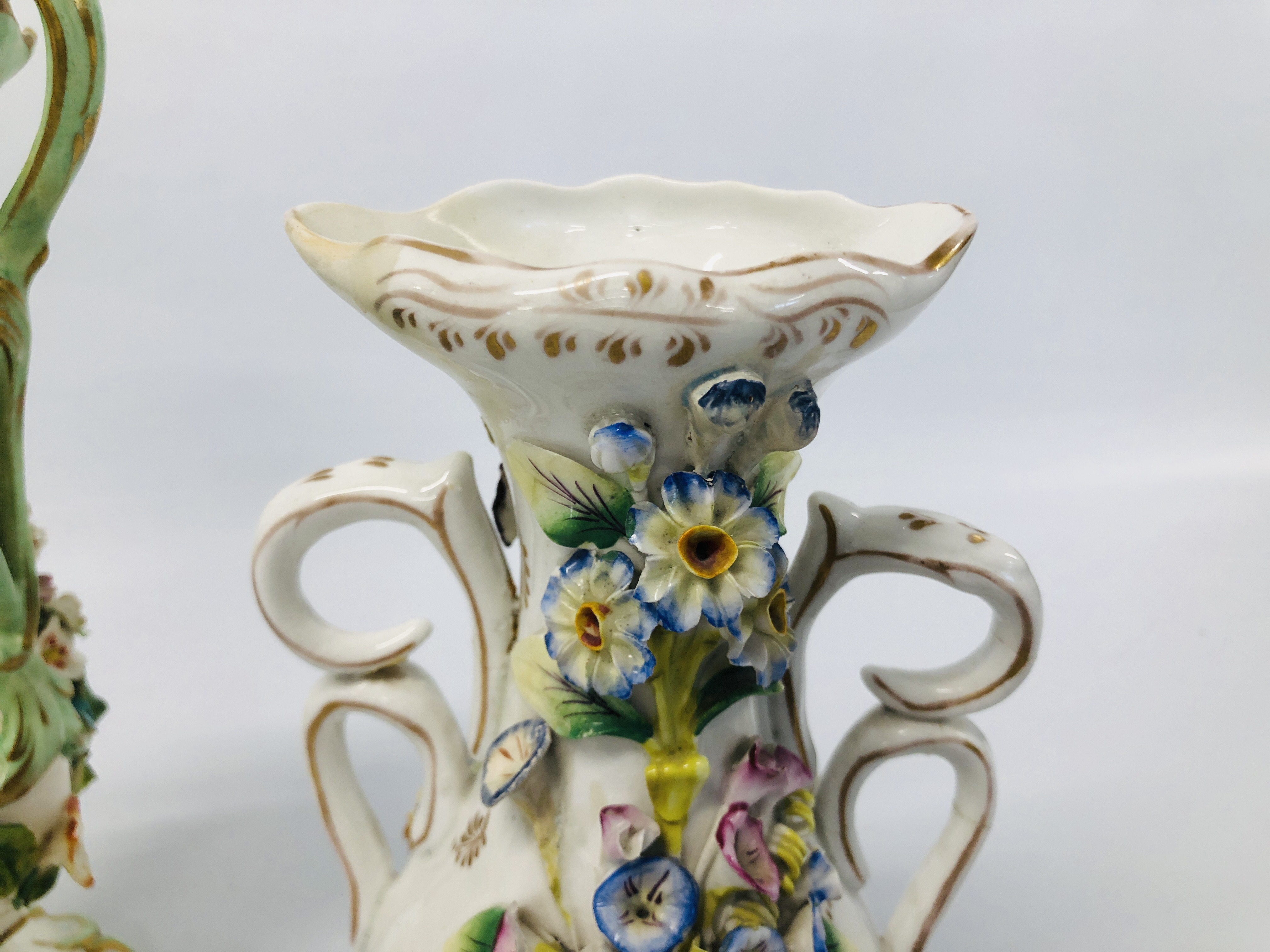 TWO C19TH STAFFORDSHIRE FLOWER ENCRUSTED TWO HANDLED VASES (ONE WITH RESTORED TOP THE OTHER WITH - Image 2 of 26