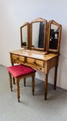 LINDALE HONEY PINE TWO DRAWER DRESSING TABLE WITH TRIPLE VANITY MIRRORS AND DRESSING STOOL WIDTH