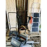 A BLACK AND DECKER 30CM ELECTRIC LAWN RAKE, A PUSH MOWER, BORDER SPADE, EDGING SHEARS,