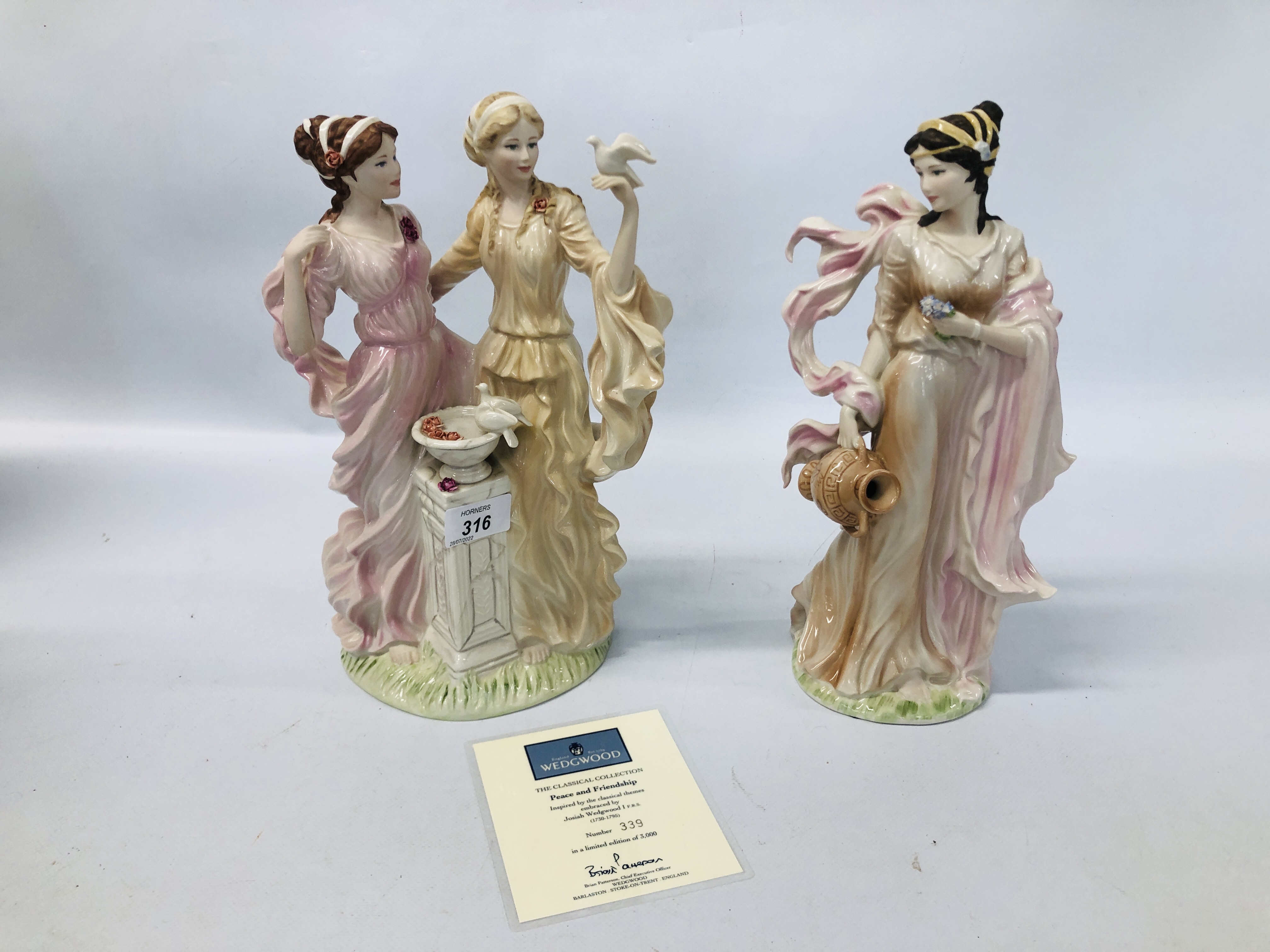 TWO CLASSICAL WEDGWOOD FIGURES TO INCLUDE THE CLASSICAL COLLECTION PEACE AND FRIENDSHIP 339/3000 +