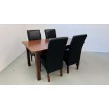 MODERN HARDWOOD EXTENDING DINING TABLE WITH LEAF ALONG WITH A SET OF FOUR MATCHING FAUX LEATHER
