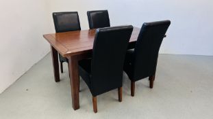 MODERN HARDWOOD EXTENDING DINING TABLE WITH LEAF ALONG WITH A SET OF FOUR MATCHING FAUX LEATHER