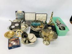 BOX OF ASSORTED METAL WARES TO INCLUDE THREE PIECE PLATED TEASET, CASED CUTLERY, BRASS, ETC.
