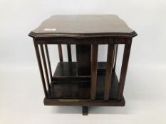 AN EDWARDIAN MAHOGANY TABLE TOP REVOLVING BOOK STAND W 35CM, D 35CM, H 37CM.