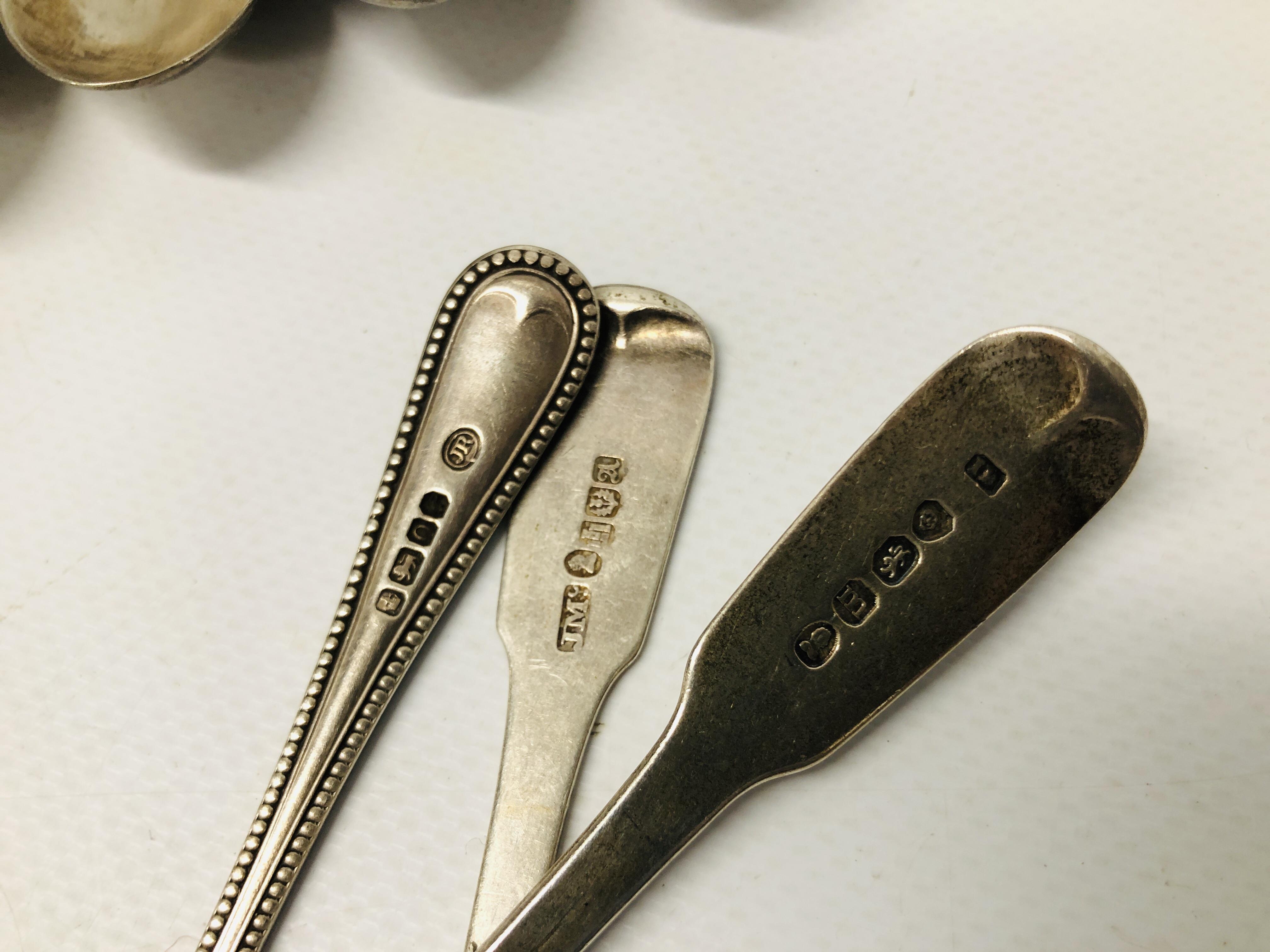 3 LARGE GEORGIAN SILVER FIDDLE PATTERN TEASPOONS, LONDON, ALONG WITH A JAM SPOON, EDINBURGH ASSAY, - Image 8 of 14