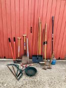 QUANTITY OF GARDEN TOOLS TO INCLUDE SHOVELS, RAKES, MALLETS, GAS STOVE ETC.