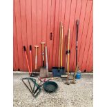 QUANTITY OF GARDEN TOOLS TO INCLUDE SHOVELS, RAKES, MALLETS, GAS STOVE ETC.