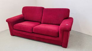 KLAUSSNER TWO SEATER RED UPHOLSTERED SOFA LENGTH 206CM. DEPTH 100CM.