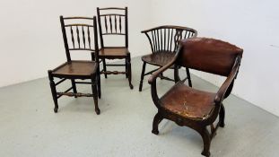 A PAIR OF COUNTRY SPINDLE BACK SIDE CHAIRS WITH ELM SEATS ALONG WITH A SPINDLE BACK ANTIQUE ELM