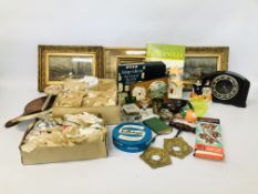 BOX OF ASSORTED VINTAGE COLLECTIBLES TO INCLUDE A GLASS INK WELL, GENALAX MANTEL CLOCK,