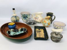 COLLECTION OF STUDIO POTTERY TO INCLUDE A DECORATIVE LAMP BASE MARKED AMBLESIDE, JUG MARKED HONITON,