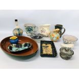 COLLECTION OF STUDIO POTTERY TO INCLUDE A DECORATIVE LAMP BASE MARKED AMBLESIDE, JUG MARKED HONITON,