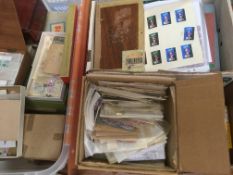 THREE BOXES WITH ALL WORLD STAMPS SORTED INTO PACKETS, SMALL BOXES AND TINS, ETC.