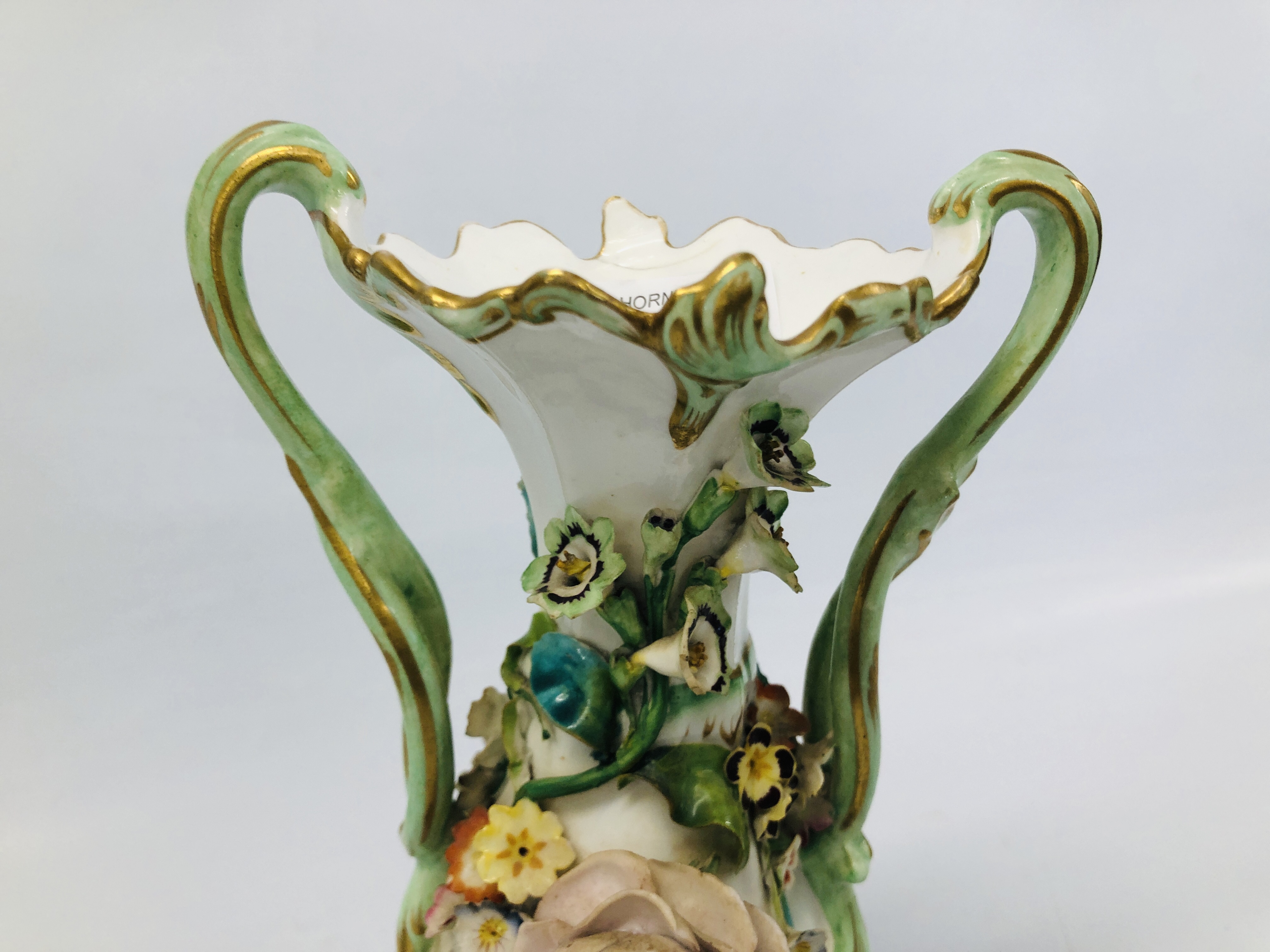 TWO C19TH STAFFORDSHIRE FLOWER ENCRUSTED TWO HANDLED VASES (ONE WITH RESTORED TOP THE OTHER WITH - Image 10 of 26